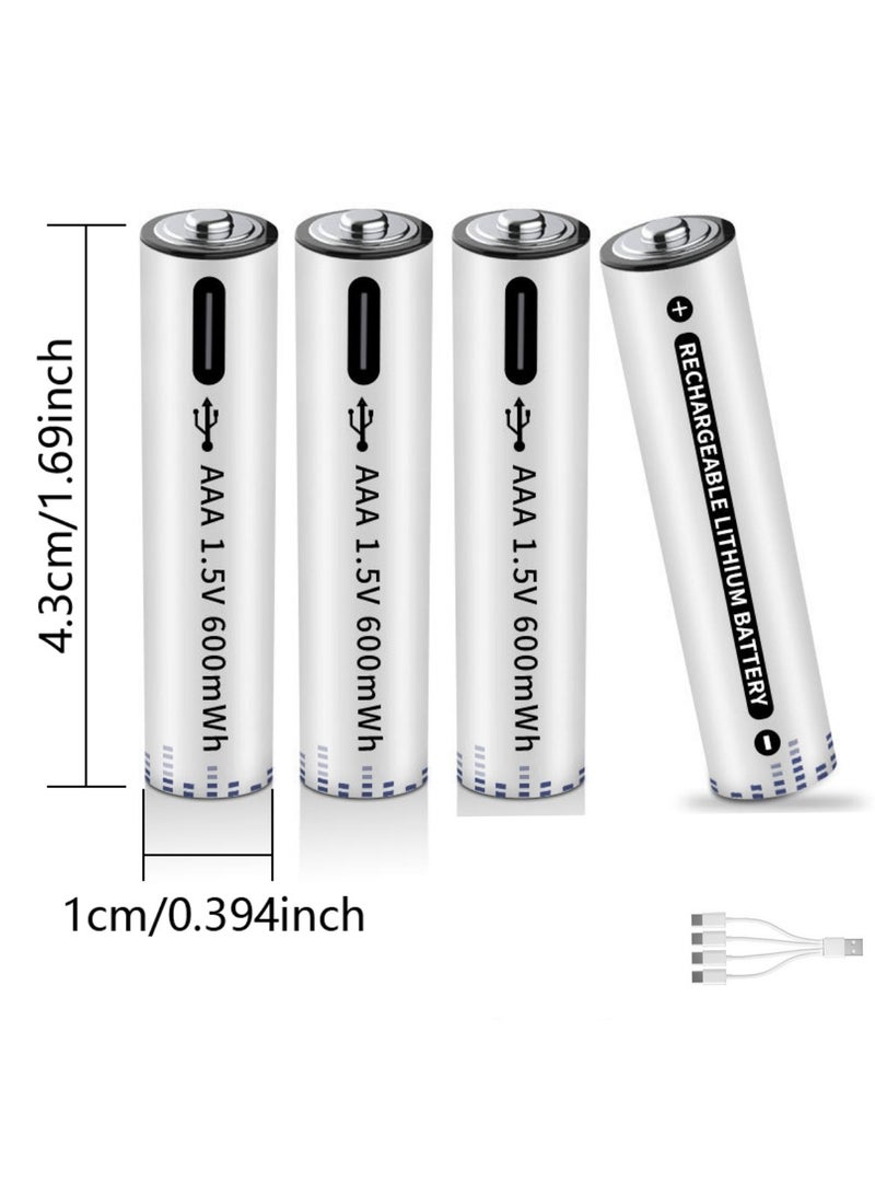 4-Pack USB AAA Lithium ion Rechargeable Battery, High Capacity 1.5V 600mWh Rechargeable AAA Battery, Cycle With 4-piece head Type C Port Cable, Constant Output - Image 1