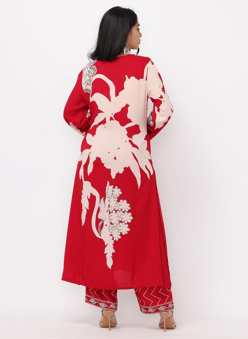 ISHIN Women's Red Rayon Embellished Tunic Full Length Palazzo Straight Fit Kurta Set  - Image 5