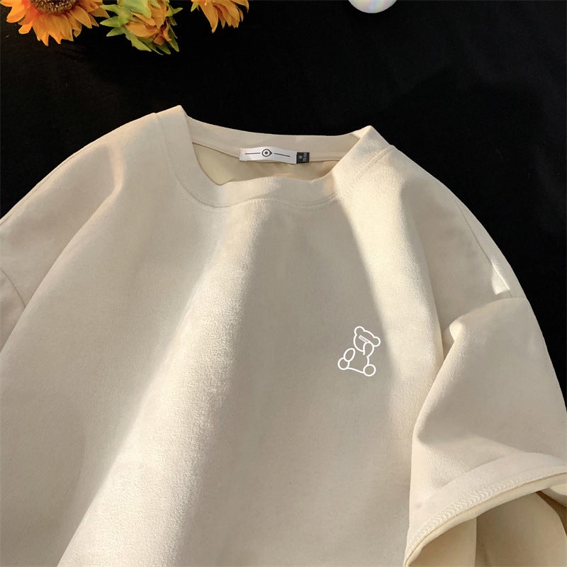 American Retro 220g Heavyweight Suede Short-Sleeved T-Shirt Men's Trendyy Brand Trendy Oversize Small Neckline 7-Quarter Sleeve Summer - Image 1