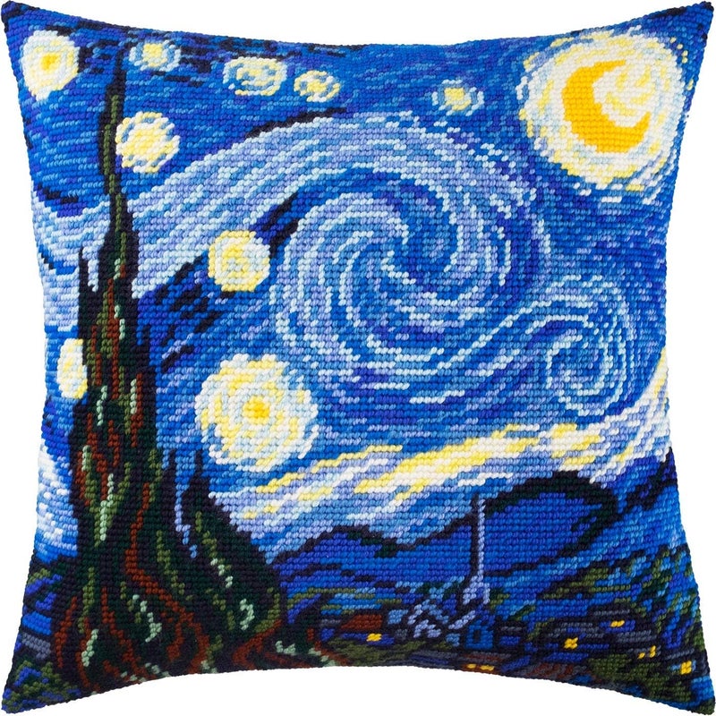 Brvsk Starry Night by Vincent Van Gogh. Needlepoint Kit. Throw Pillow 16×16 Inches. Printed Tapestry Canvas, European Quality - Image 1