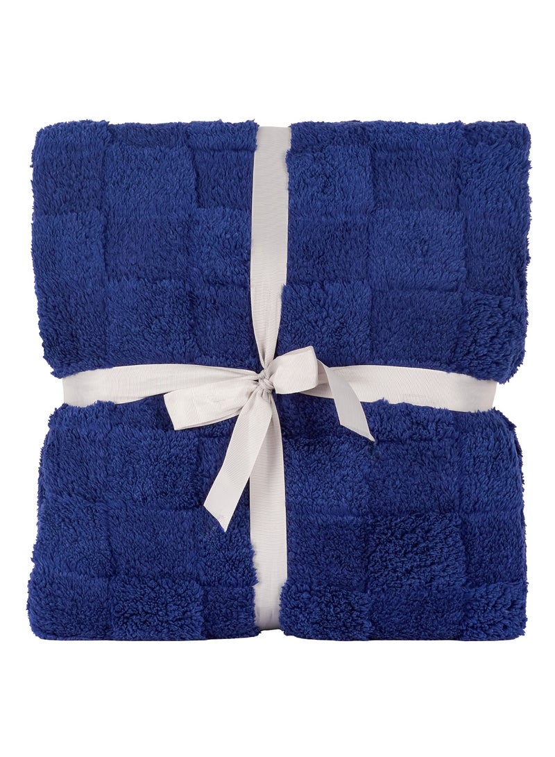 إيليغا ديكور بطانية جاكار شيربا مفردة من صوف الفلانيل قابلة للعكس، بطانية دافئة وناعمة 150 × 200 سم مربعة منقوشة باللون الأزرق الداكن - Image 4