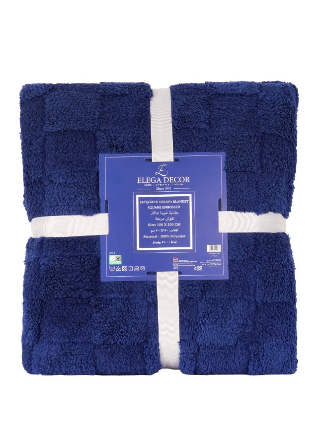 إيليغا ديكور بطانية جاكار شيربا مفردة من صوف الفلانيل قابلة للعكس، بطانية دافئة وناعمة 150 × 200 سم مربعة منقوشة باللون الأزرق الداكن - Image 3