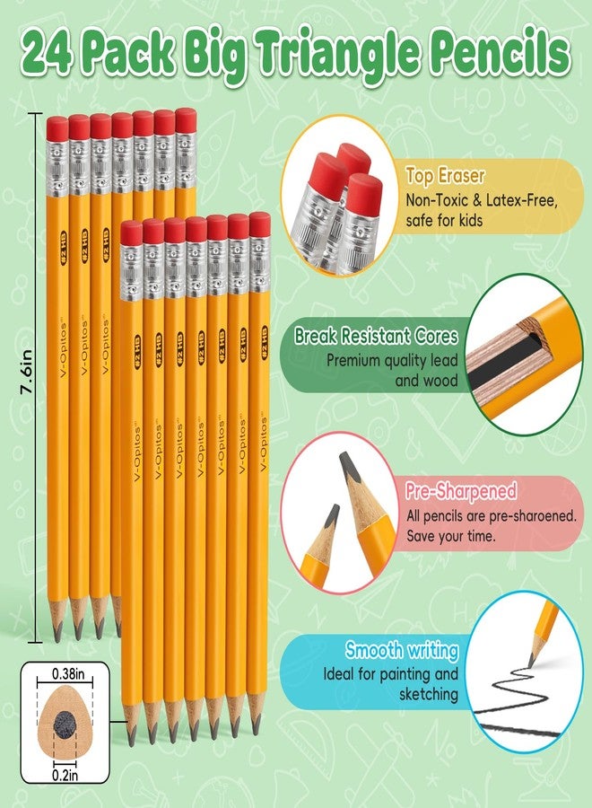 V-Opitos 24 Pack Jumbo #2 HB Pencils for Kids, Triangle Shape Pre-sharpened Wood-Cased Pencils with Top Erasers, Ideal Home, Kindergartens, School Classroom Supplies - Image 3