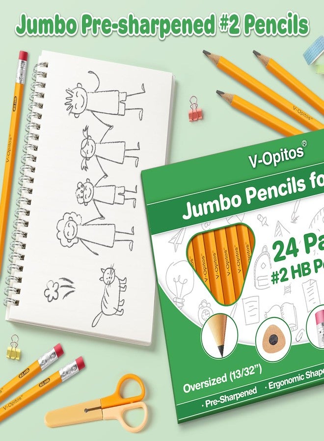 V-Opitos 24 Pack Jumbo #2 HB Pencils for Kids, Triangle Shape Pre-sharpened Wood-Cased Pencils with Top Erasers, Ideal Home, Kindergartens, School Classroom Supplies - Image 2