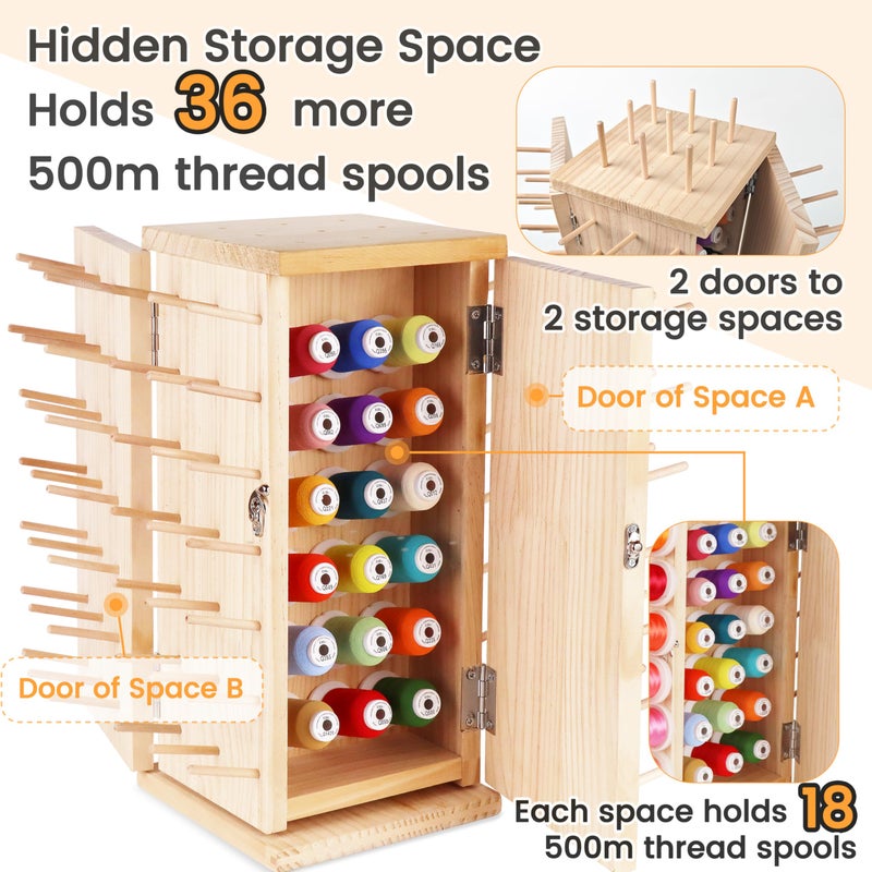 New brothread 129 Spools(DIY) 360Â° Fully Rotating Wooden Thread Rack/Thread Holder Organizer with Double Doors(Inner Space Hold â‰¤ 500M Thread Spools) for Sewing, Quilting, Embroidery, Hair-braiding - Image 5