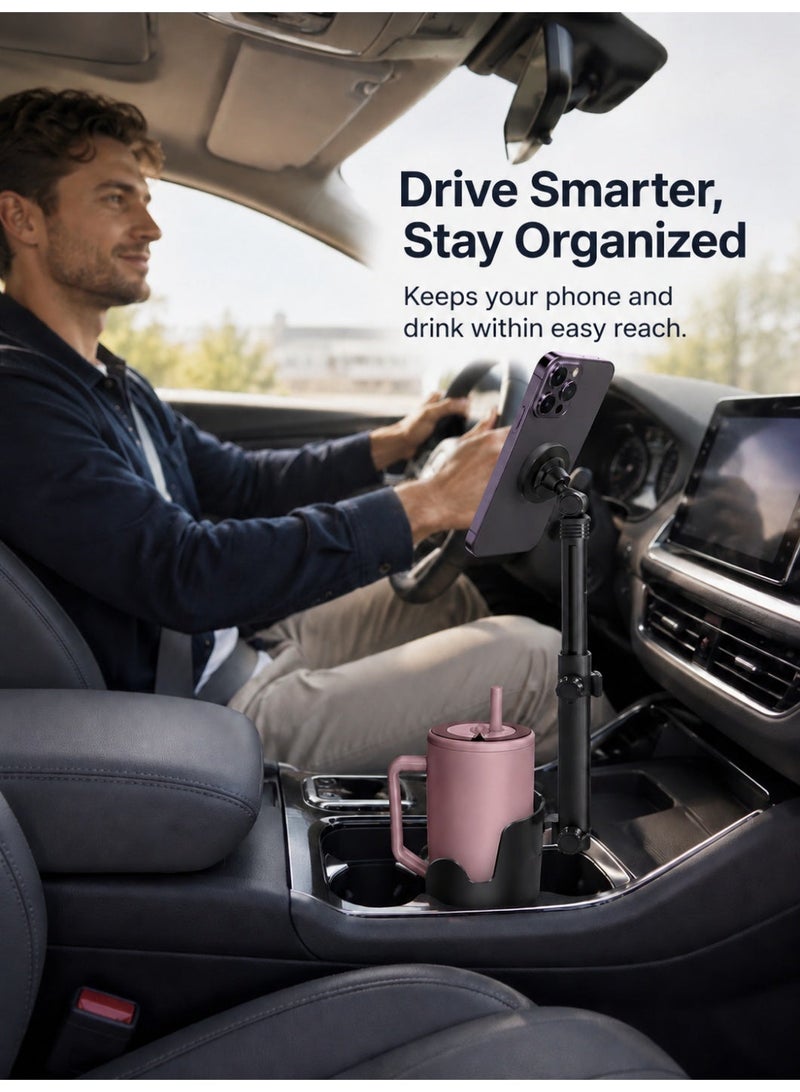 YXPRO 2-in-1 Car Cup Holder Phone Mount, Magnetic Car Phone Holder with Drink Cup Holder, 360° Rotatable Adjustable Height Cell Phone Stand, Expanding Cup Holder Base Fits Most Cars SUVs Trucks, Compatible with iPhone Samsung Android - Image 2