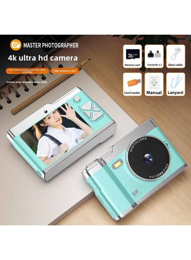 Generic CCD Camera Student Party Beginner Girl's Portable Small HD Travel Digital Camera Retro Special Cdd Camera-Body Color:6400w Royal Green + Front And Rear Shooting + Fill Light + 2.8inch Screen - Package Five  - Image 1