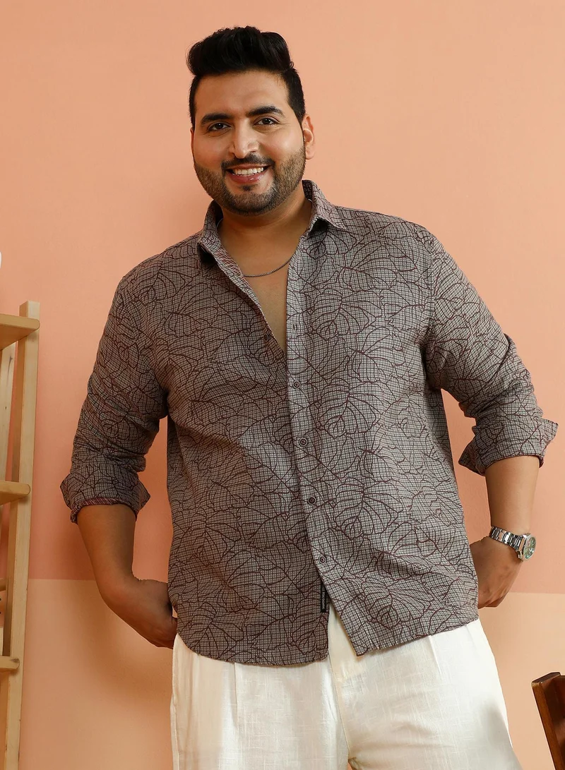 Instafab Plus Men's Pewter Grey Foliage-Glen Shirt For Casual Wear | Spread Collar | Long Cuffed Sleeves | Button Closure | Plus Size Shirt Crafted With Comfort Fit For Everyday Wear