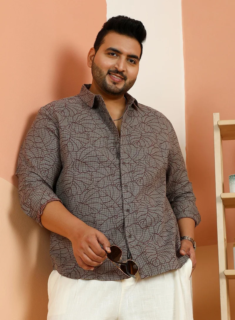 انستافاب بلس قميص رجالي رمادي فضي بنقوش أوراق شجر للملابس الكاجوال بياقة واسعة وأكمام طويلة بأزرار مقاس كبير مريح للاستخدام اليومي