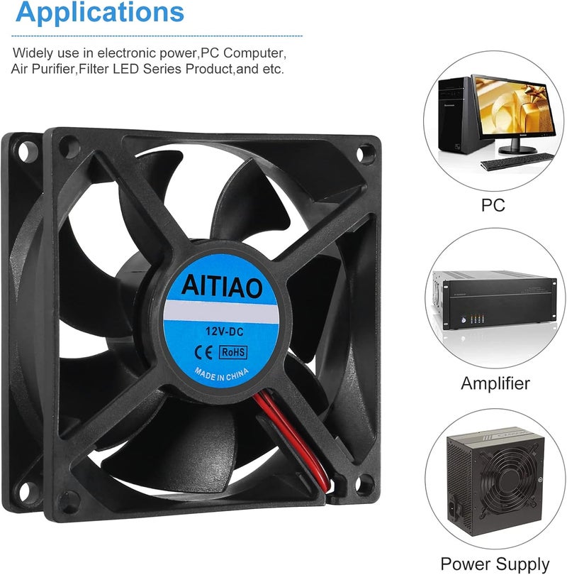 AITIAO 4PCS 8025 Dual Ball Bearing Quiet Computer Case Fan 12V DC 80mm 80mm 25mm High Speed Muffin Cooling Fans for 3D Printer Computer Case Fan CPU Coolers DIY Cooling Ventilation Projects - Image 5