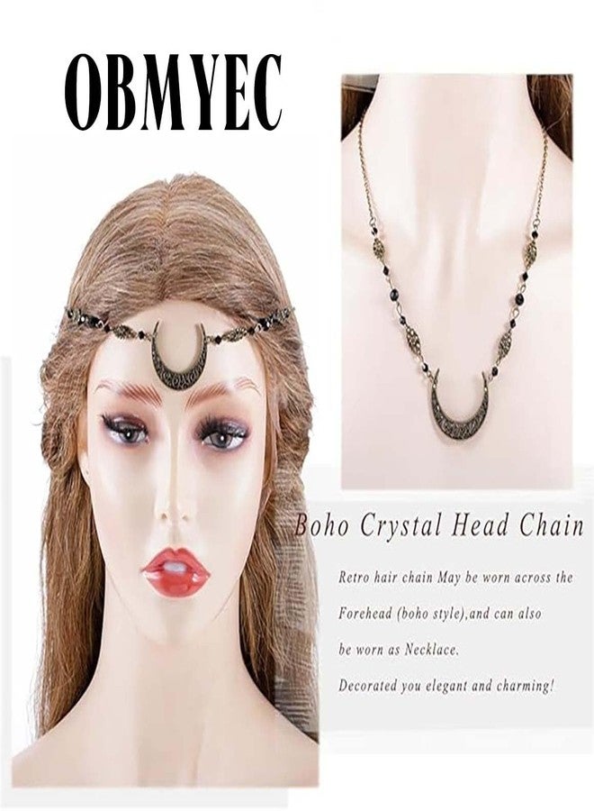 Obmyec Boho Head Chain Moon Headpieces Rhinestone Hair Chains Wedding Hair Accessories for Women and Girls (Black) - Image 3