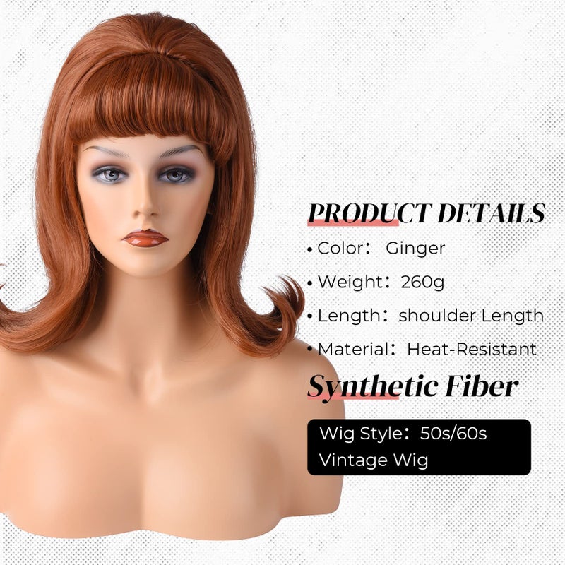 LONAI Retro Brown Wig 50s 60s 70s Wig with Bangs for Women Synthetic Hair for Halloween Costume Party - Image 3