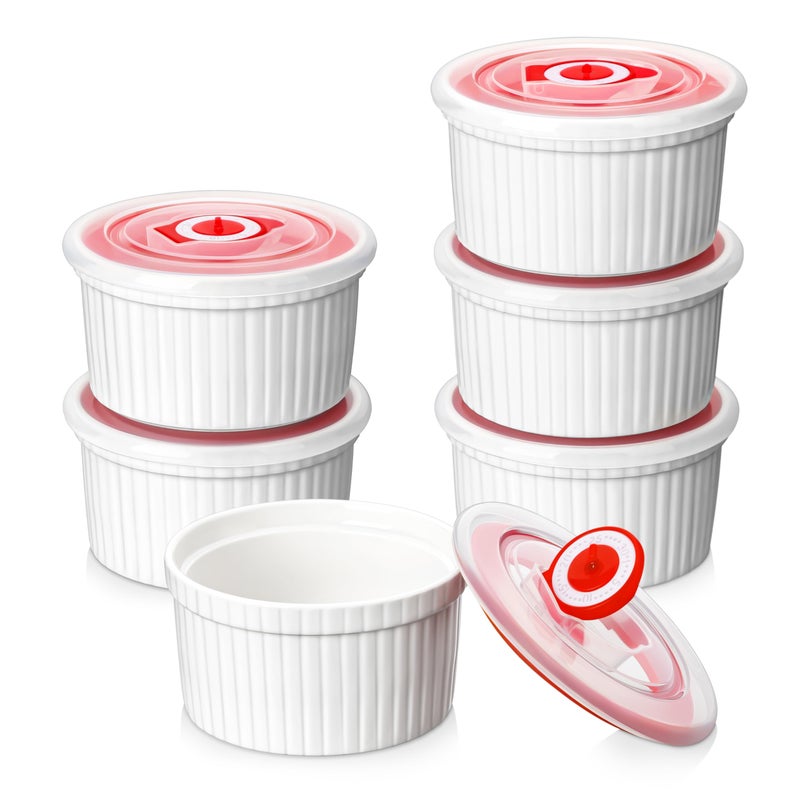 MALACASA Ramekins with Lids 8 oz - Set of 6, White Porcelain Creme Brulee Souffle Ramekins with Covers, Ceramic Custard Cups for Baking, Dishwasher and Oven Safe, Series RAMEKIN-DISH - Image 1