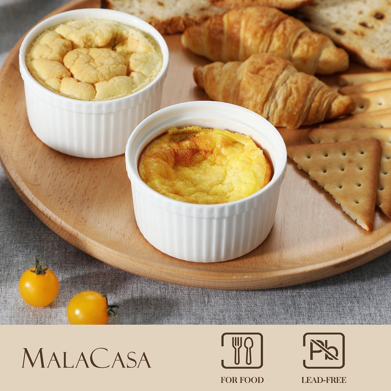 MALACASA Ramekins with Lids 8 oz - Set of 6, White Porcelain Creme Brulee Souffle Ramekins with Covers, Ceramic Custard Cups for Baking, Dishwasher and Oven Safe, Series RAMEKIN-DISH - Image 3