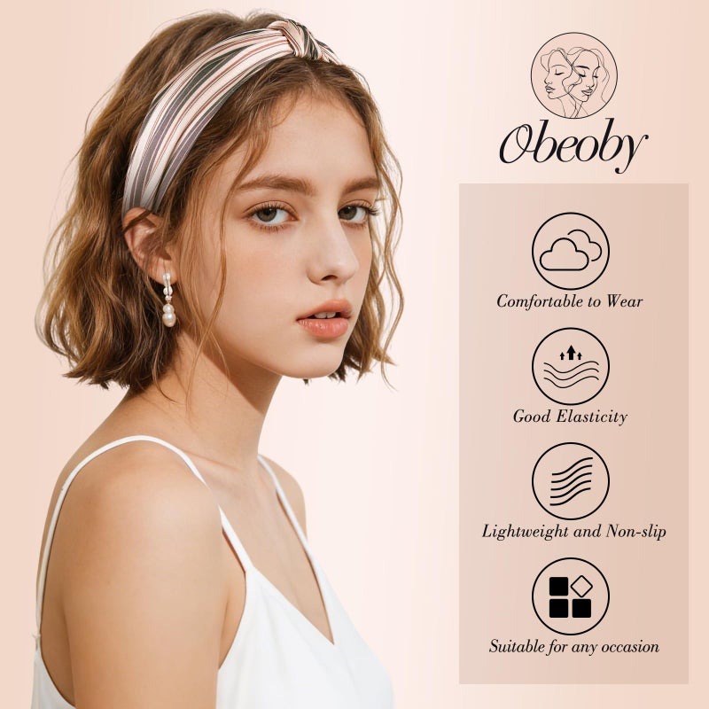 obeoby Non-Slip Knotted Headbands for Women and Girls, Brown Plaid Headbands Light Cute Hair Accessories Set - Image 4