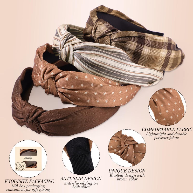 obeoby Non-Slip Knotted Headbands for Women and Girls, Brown Plaid Headbands Light Cute Hair Accessories Set - Image 3