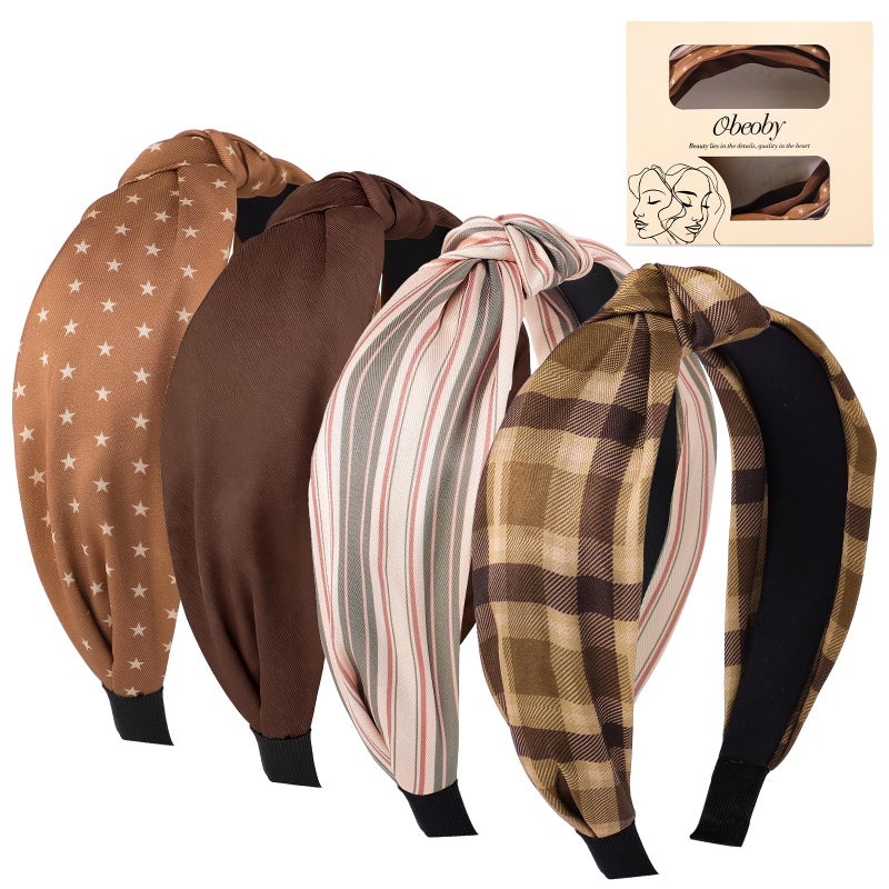 obeoby Non-Slip Knotted Headbands for Women and Girls, Brown Plaid Headbands Light Cute Hair Accessories Set - Image 1