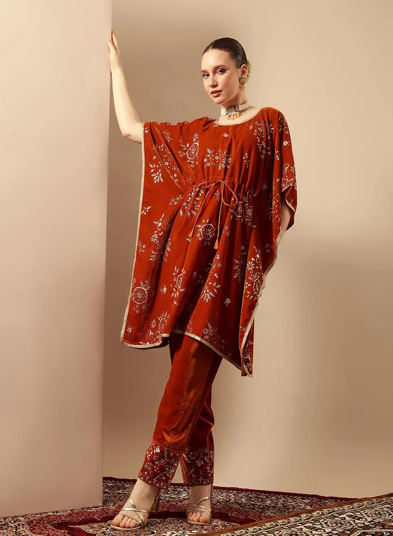 ISHIN Rich Rust Gold Print Kaftan Set Co-ords with dupatta