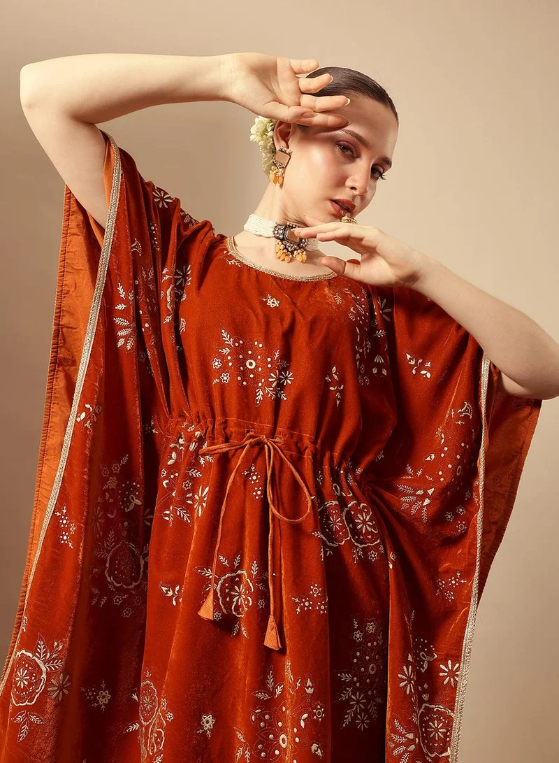 ISHIN Rich Rust Gold Print Kaftan Set Co-ords with dupatta