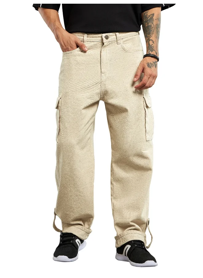 Beyoung Cream Cotton Cargo Pants for Men