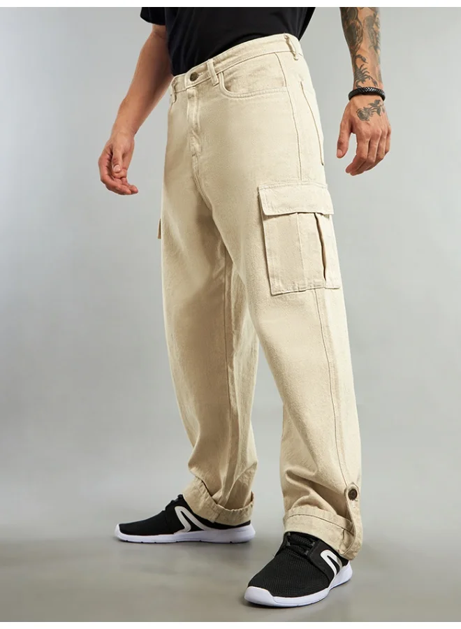Beyoung Cream Cotton Cargo Pants for Men