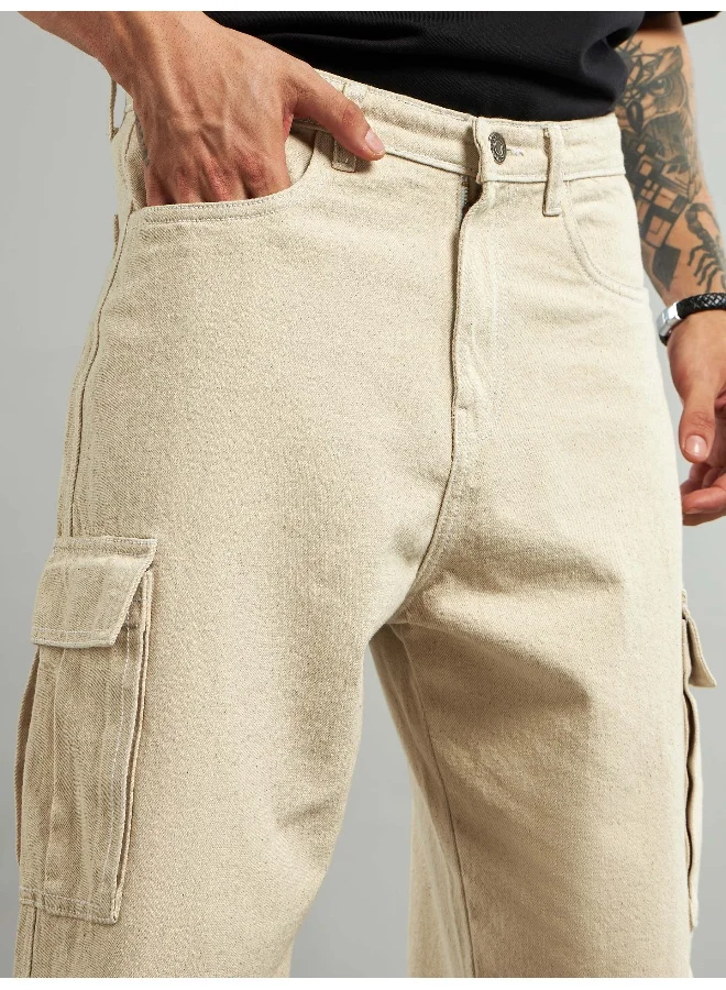 Beyoung Cream Cotton Cargo Pants for Men