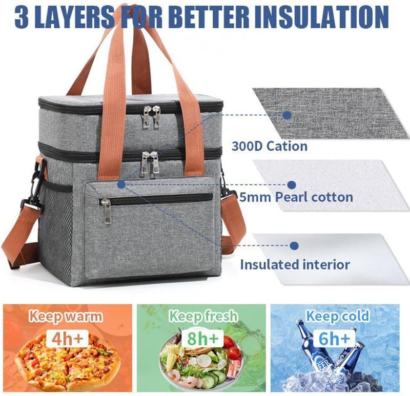 IraXpro Double Layer Insulated Lunch Bag, Portable Cooler Tote Bag for Men Women Adult, Leak and Waterproof, Double Deck Cooler Lunch Box Bag, for Office,Picnic (Blue) - Image 4