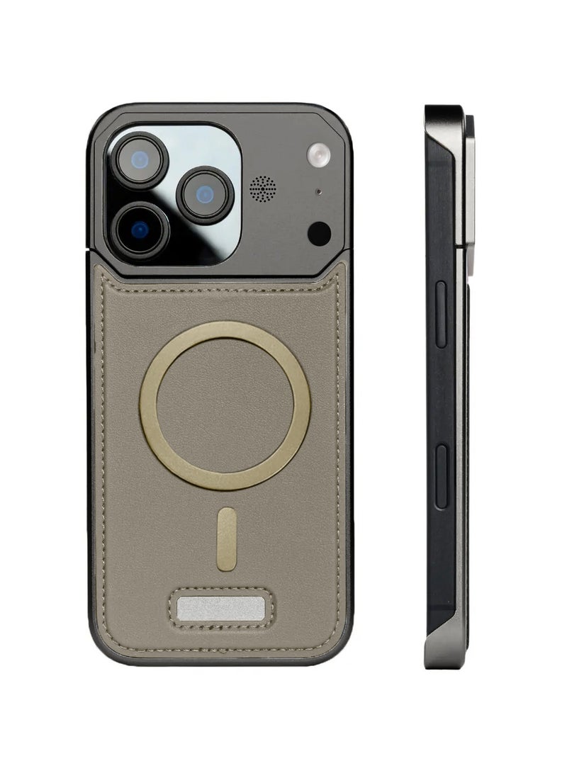 Wtech Apple iPhone 17 Pro 5G 2025 Metal Frameless Case Metallic Vegan Leather Magsafe Support Hard With Speaker Case Cover (MCMPMN) - Gold - Image 2