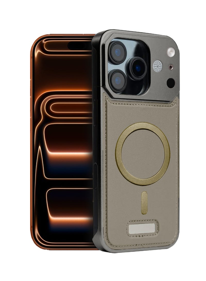 Wtech Apple iPhone 17 Pro 5G 2025 Metal Frameless Case Metallic Vegan Leather Magsafe Support Hard With Speaker Case Cover (MCMPMN) - Gold - Image 1