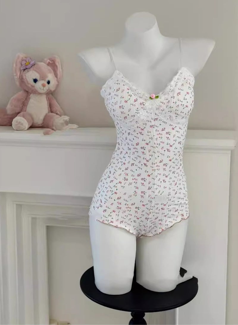 Women's Lace Floral Print Sling Jumpsuit V Neck High Waist Tops Sleepwear Slip Outfit Soft Fabric Cute Lady Summer Cool Housewear  - Image 1