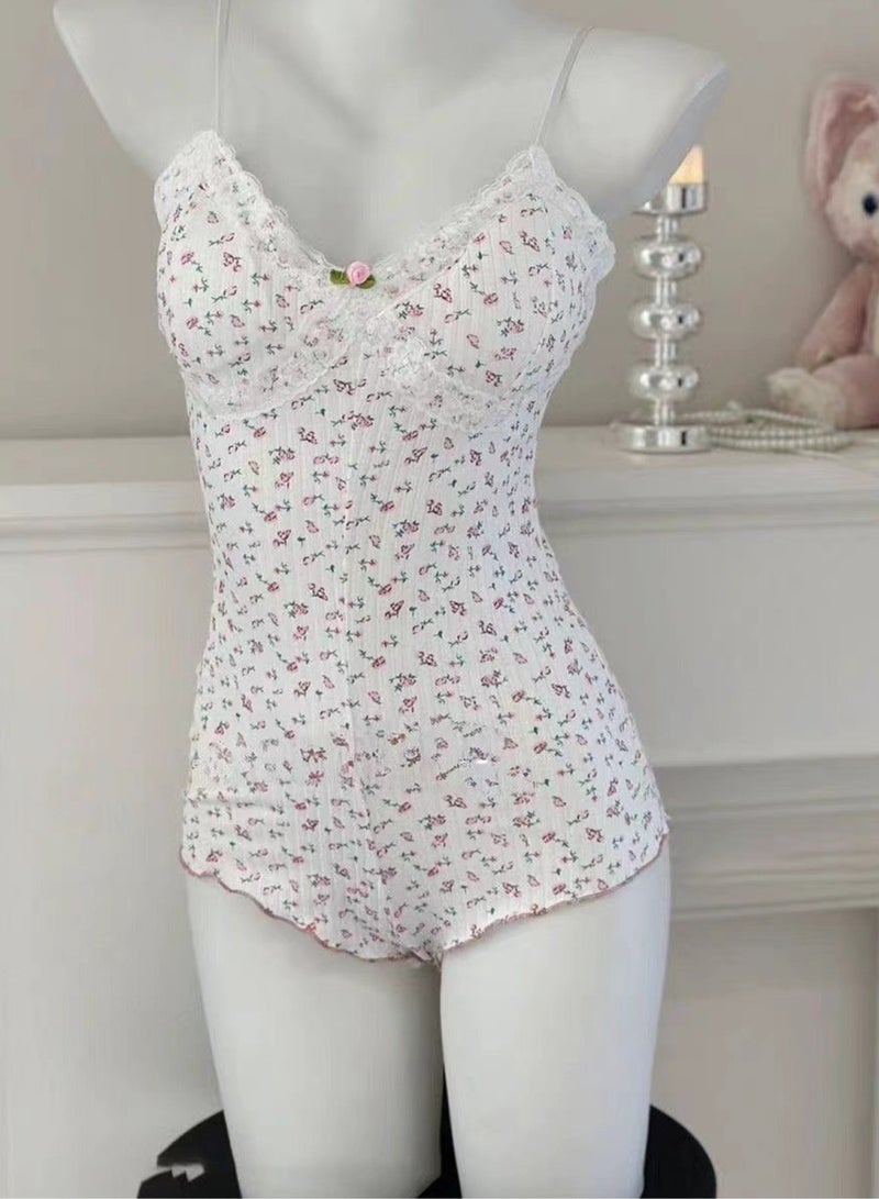 Women's Lace Floral Print Sling Jumpsuit V Neck High Waist Tops Sleepwear Slip Outfit Soft Fabric Cute Lady Summer Cool Housewear  - Image 2