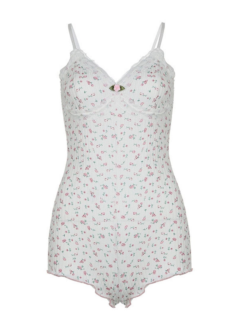 Women's Lace Floral Print Sling Jumpsuit V Neck High Waist Tops Sleepwear Slip Outfit Soft Fabric Cute Lady Summer Cool Housewear  - Image 4