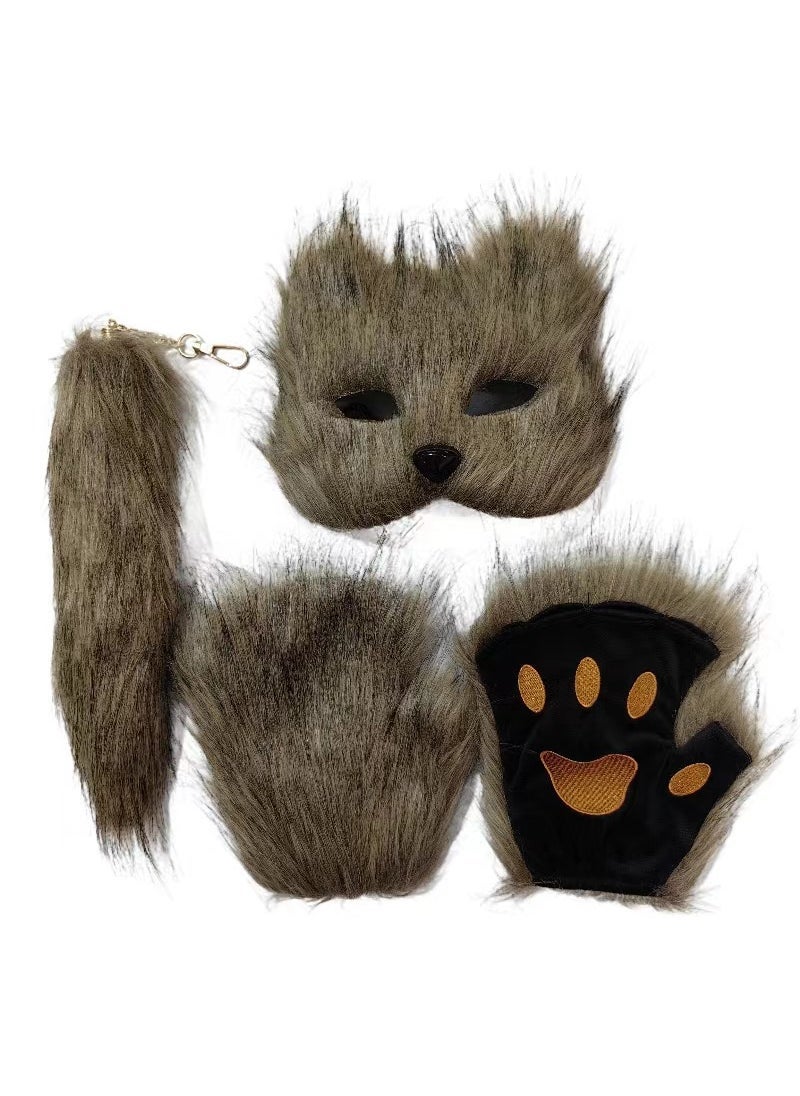 Loquat Fluffy Fox Mask Gloves Tail Set  Party Cosplay Brown gray mask tail gloves