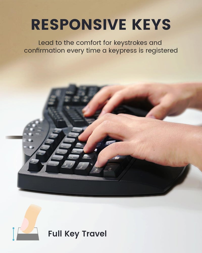 Perixx PERIBOARD-512B Ergonomic Split Keyboard – Full-Size Wired USB Keyboard with Palm Rest and 7 Multimedia Hotkeys – 3D Curve Design for RSI Relief – Black, US English - Image 4