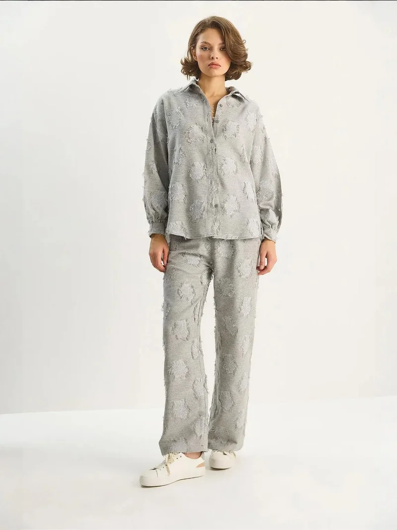 Bianco Lucci LUCCI Embroidered Oversized Shirt and Wide Leg Trousers Co-Ord Set