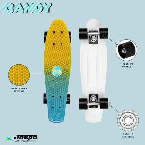 Jaspo Candy Penny Skateboard for Kids,Teens, Adults, Aluminium Trucks, Fibre Deck,Knurl Design, Age Group Above 5 Years, Lightweight, Dual Colour (Yellow & Blue, TPU Wheels (22x6 inches)) - Image 2