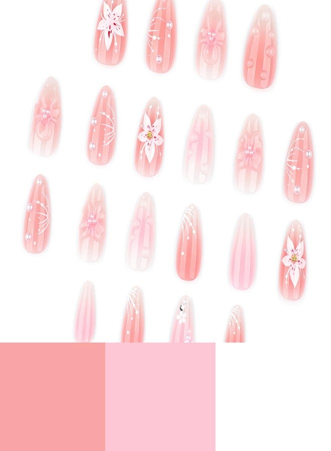 ASABITE 24Pcs Handmade Pink Almond Press on Nails Medium Fake Nails with 3D Flower Pearl Gold Bead Design Glossy Reusable False Nail Artificial Acrylic Nails Press ons Cute Flower Stick on Nails for Women - Image 3