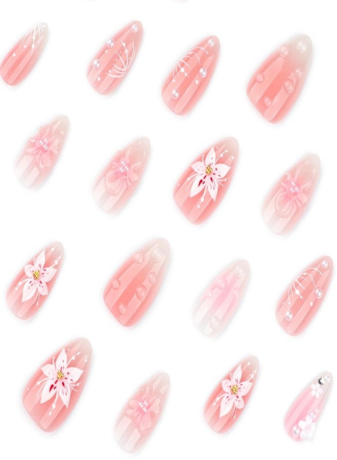 ASABITE 24Pcs Handmade Pink Almond Press on Nails Medium Fake Nails with 3D Flower Pearl Gold Bead Design Glossy Reusable False Nail Artificial Acrylic Nails Press ons Cute Flower Stick on Nails for Women - Image 4