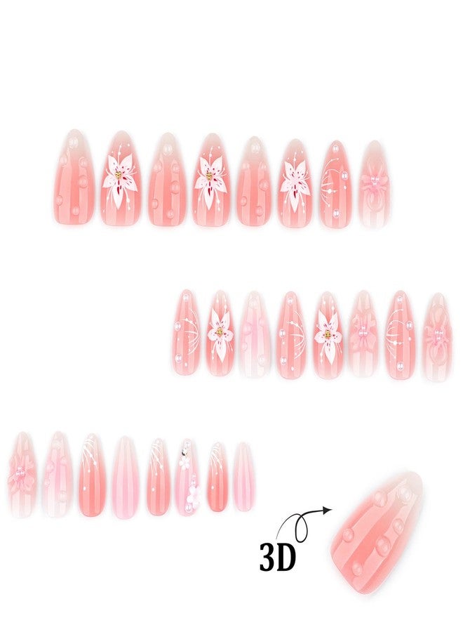 ASABITE 24Pcs Handmade Pink Almond Press on Nails Medium Fake Nails with 3D Flower Pearl Gold Bead Design Glossy Reusable False Nail Artificial Acrylic Nails Press ons Cute Flower Stick on Nails for Women - Image 5