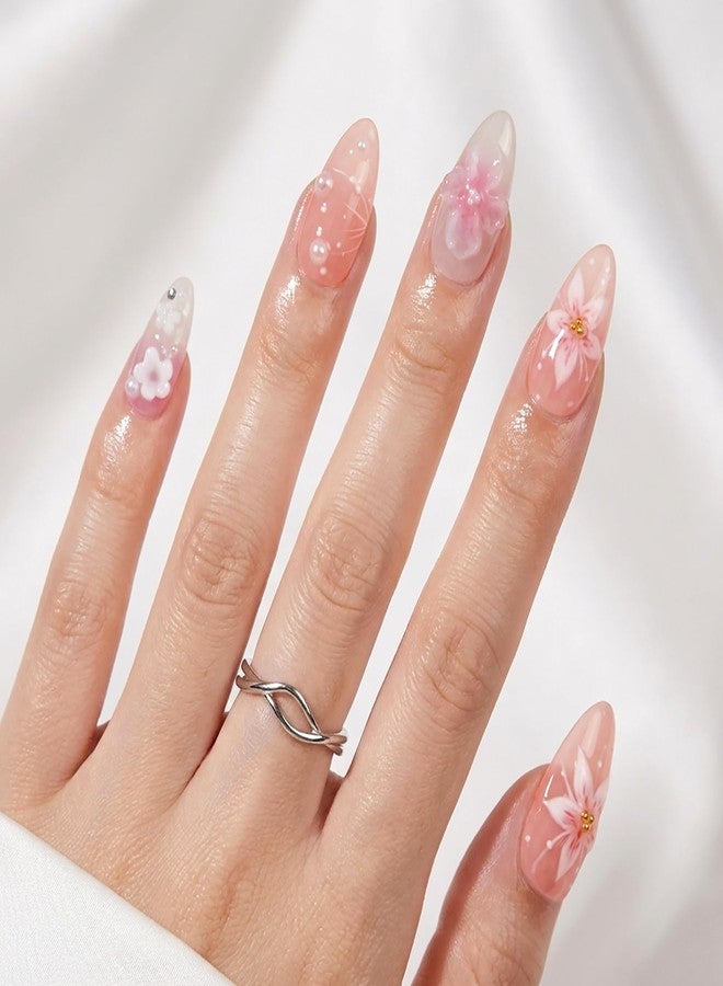 ASABITE 24Pcs Handmade Pink Almond Press on Nails Medium Fake Nails with 3D Flower Pearl Gold Bead Design Glossy Reusable False Nail Artificial Acrylic Nails Press ons Cute Flower Stick on Nails for Women - Image 2