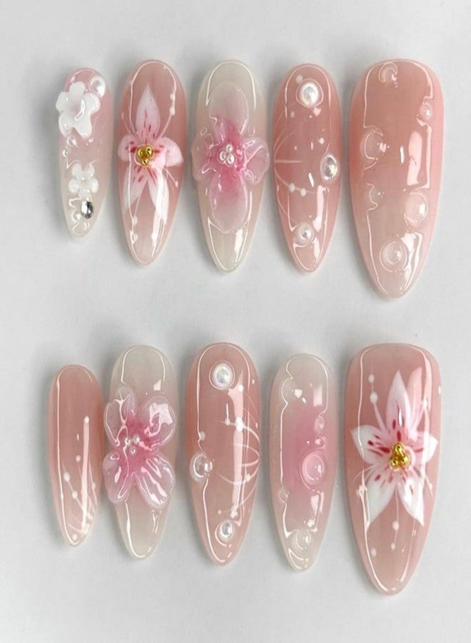 ASABITE 24Pcs Handmade Pink Almond Press on Nails Medium Fake Nails with 3D Flower Pearl Gold Bead Design Glossy Reusable False Nail Artificial Acrylic Nails Press ons Cute Flower Stick on Nails for Women - Image 1