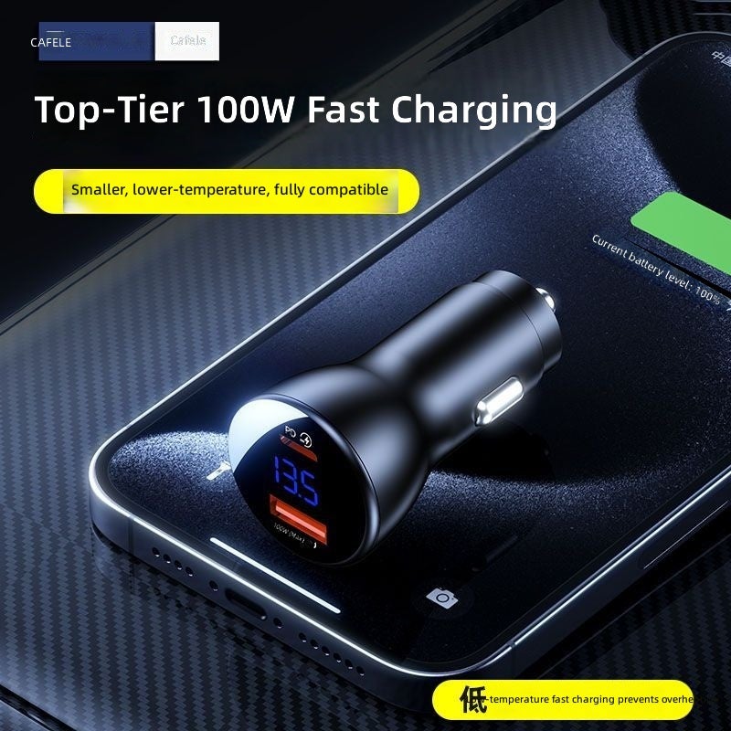 Cafele PD Dual Port Car Charger with Spring Cable - Compatible with Apple 15 & Huawei Super Fast Charging