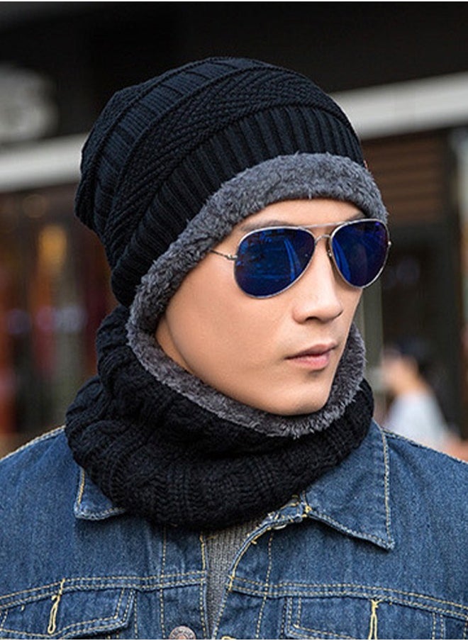 2-piece Beanie Hat Scarf Set Winter Warm Knitted Hat and Circle Scarf Fleece Liner Skiing Hat Neck Warmer Outdoor Sports Hat Sets for Men