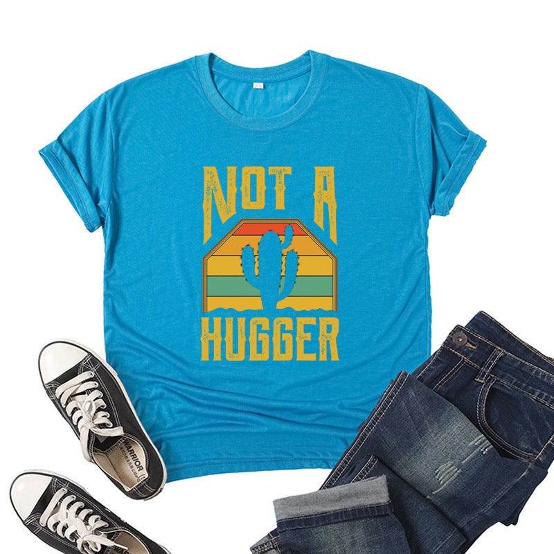 Wholesale foreign trade cross-border not hugger Not A Hugger printed short sleeve T-shirt European and American womens jacket hole blue