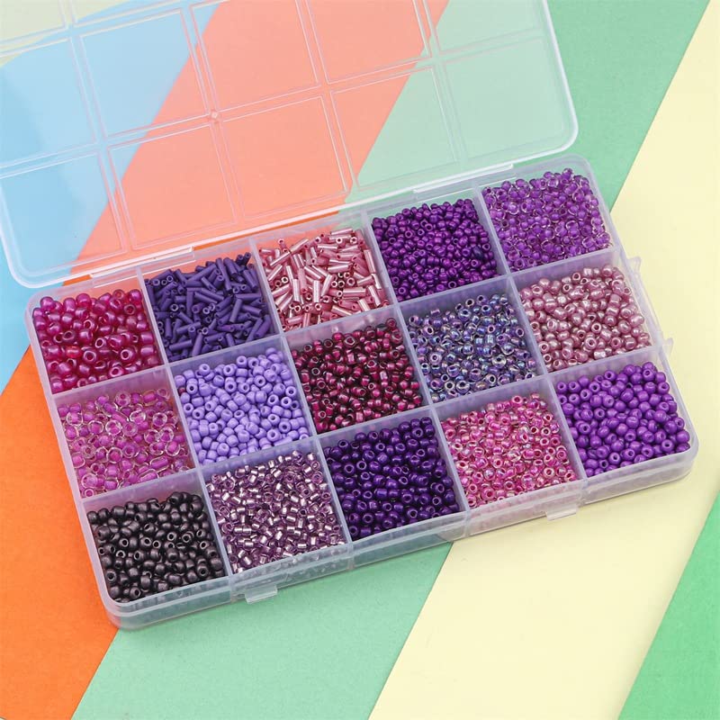 Basigeese Mix 15 Color Glass Seed Beads Tube Beads Glass Bugle Beads Loose Kit for Jewelry Making DIY Craft Beading (Mix 15 Color, Purple) - Image 3