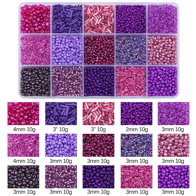 Basigeese Mix 15 Color Glass Seed Beads Tube Beads Glass Bugle Beads Loose Kit for Jewelry Making DIY Craft Beading (Mix 15 Color, Purple) - Image 2