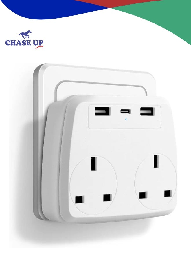 Chase Up Multi Plug Extension Power Adapter with 2 USB,Double Extender Wall Charger Socket 2 Way Dual Multiple Electrical Outlet Adaptor, Charging Station for Home, Office