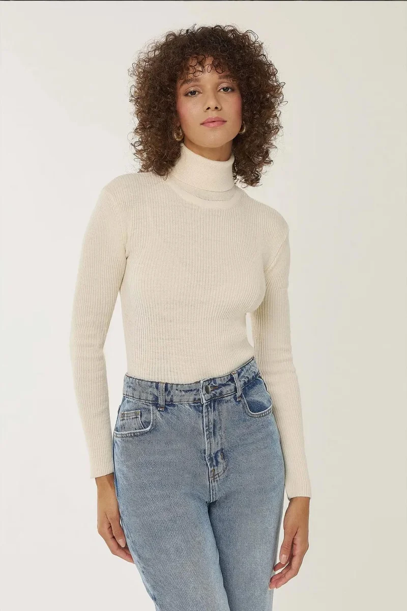 Hiccup Dusty White Slim Fit Turtleneck Sweater for Women | Best Price UAE