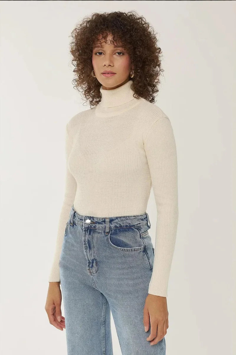 Hiccup Dusty White Slim Fit Turtleneck Sweater for Women | Best Price UAE