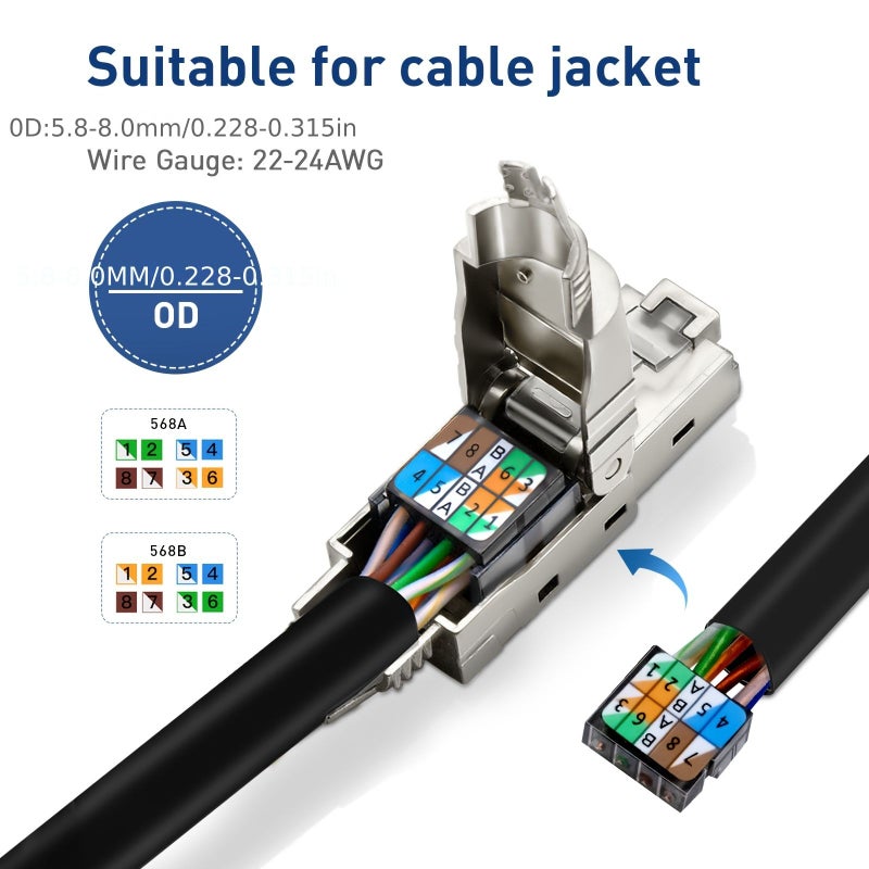 موصل RJ45 من الفئة 6A بتردد 2000 ميجاهرتز، قابس معياري محمي بدون أدوات لكابلات LAN من الفئة 8 والفئة 7 والفئة 6A بقياس 22-24 AWG وبسرعة 40 جيجابت في الثانية. - Image 3